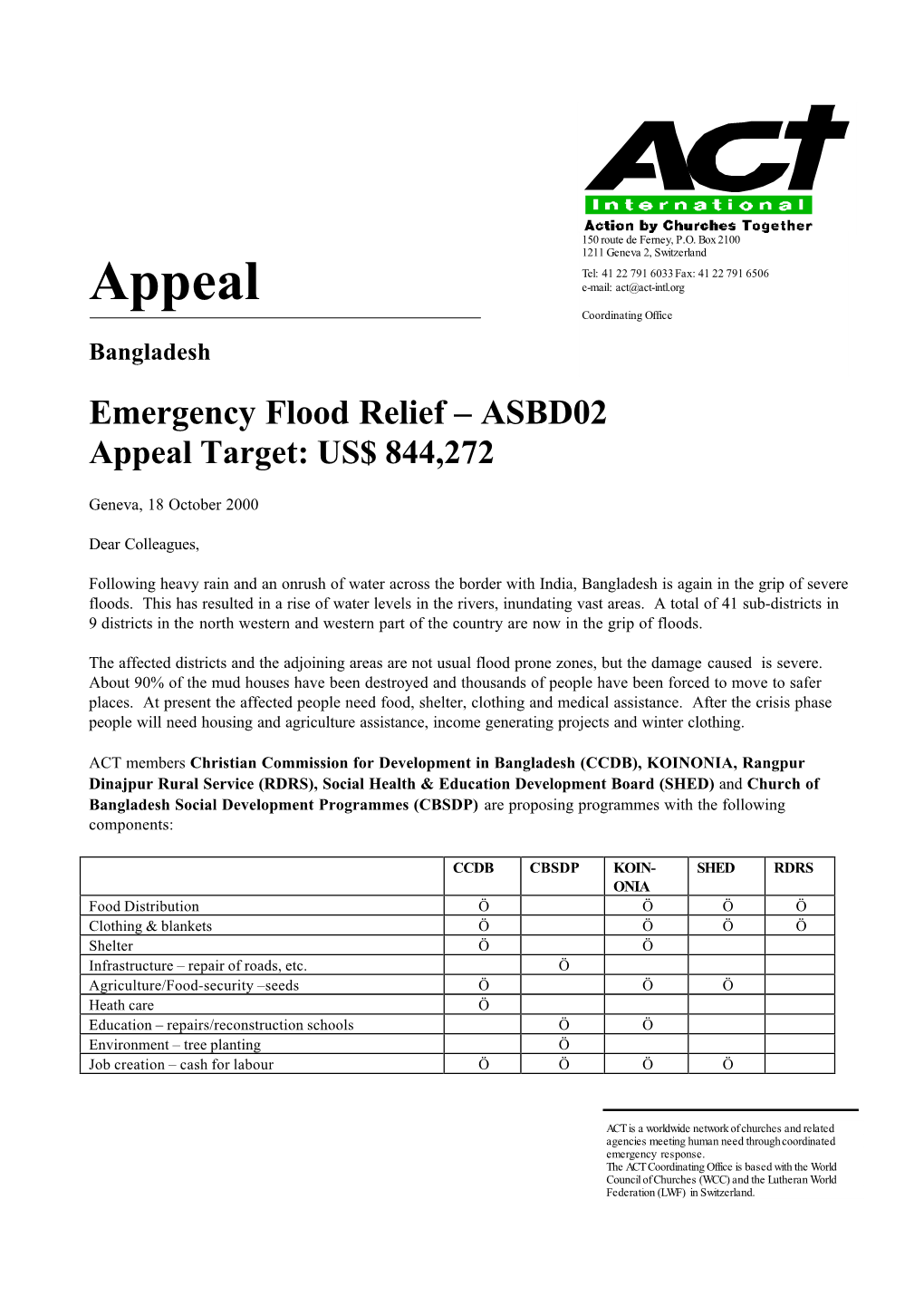 Appeal Bangladesh Emergency Flood Relief