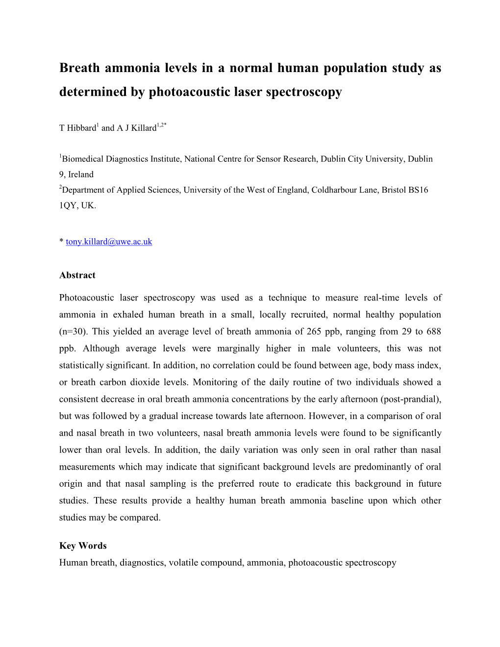 Breath Ammonia Levels in a Normal Human Population Study As Determined by Photoacoustic Laser Spectroscopy