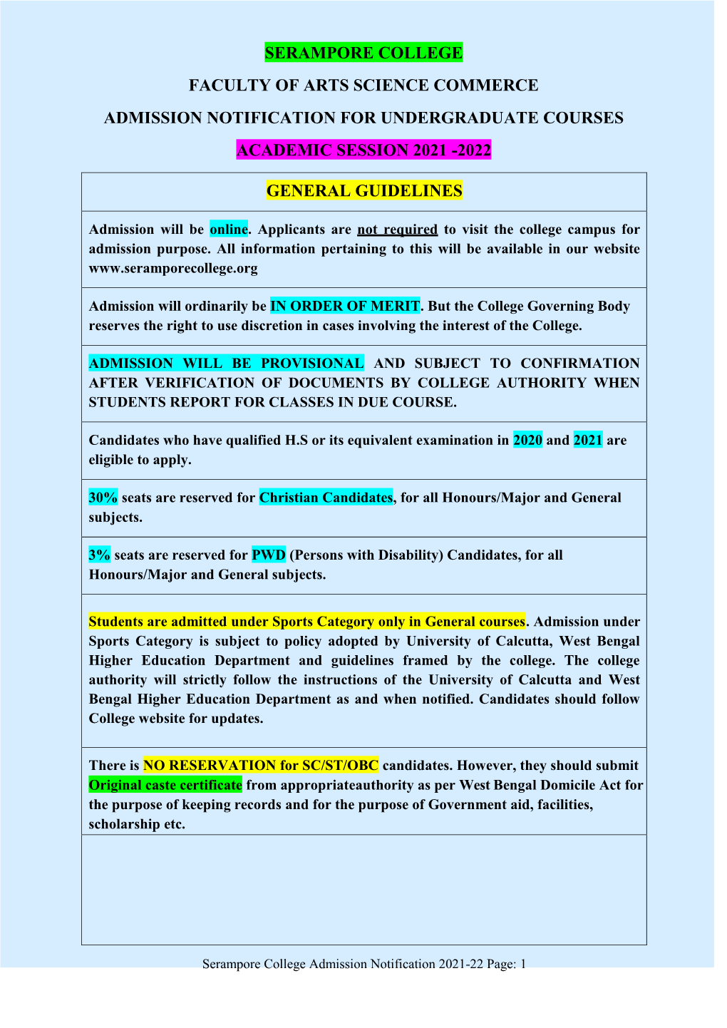 Serampore College Faculty of Arts Science Commerce Admission Notification for Undergraduate Courses Academic Session 2021 -2022