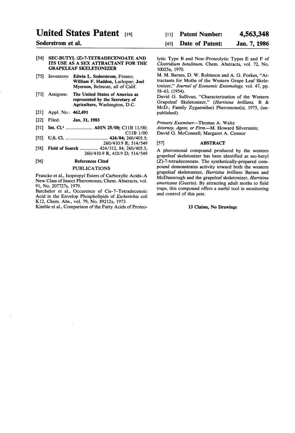 United States Patent (19) 11 Patent Number: 4,563,348 Soderstrom Et Al