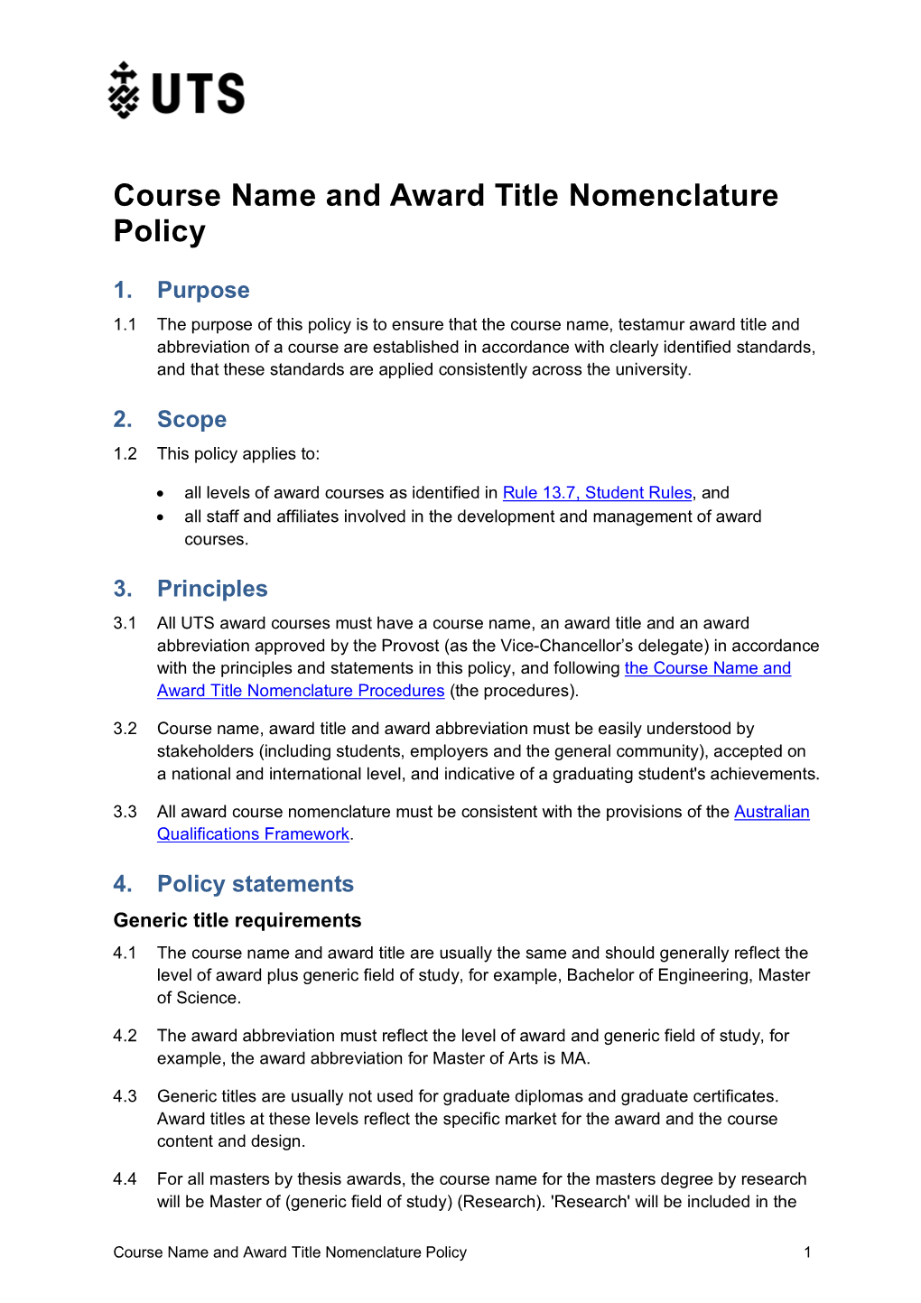 Course Name and Award Title Nomenclature Policy