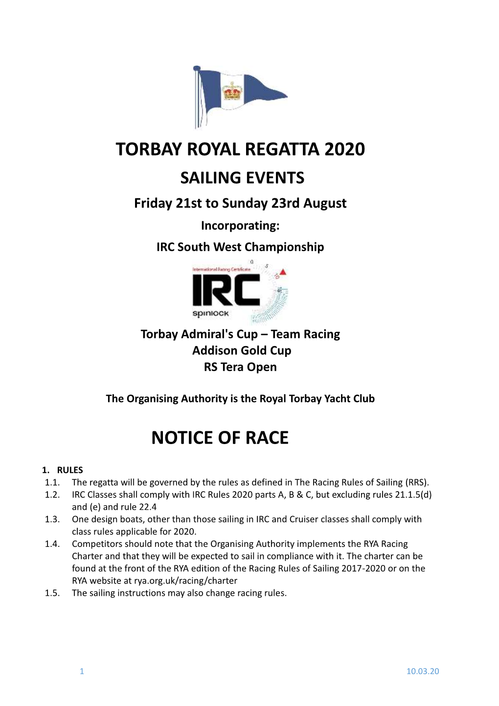 Torbay Royal Regatta 2020 Notice of Race