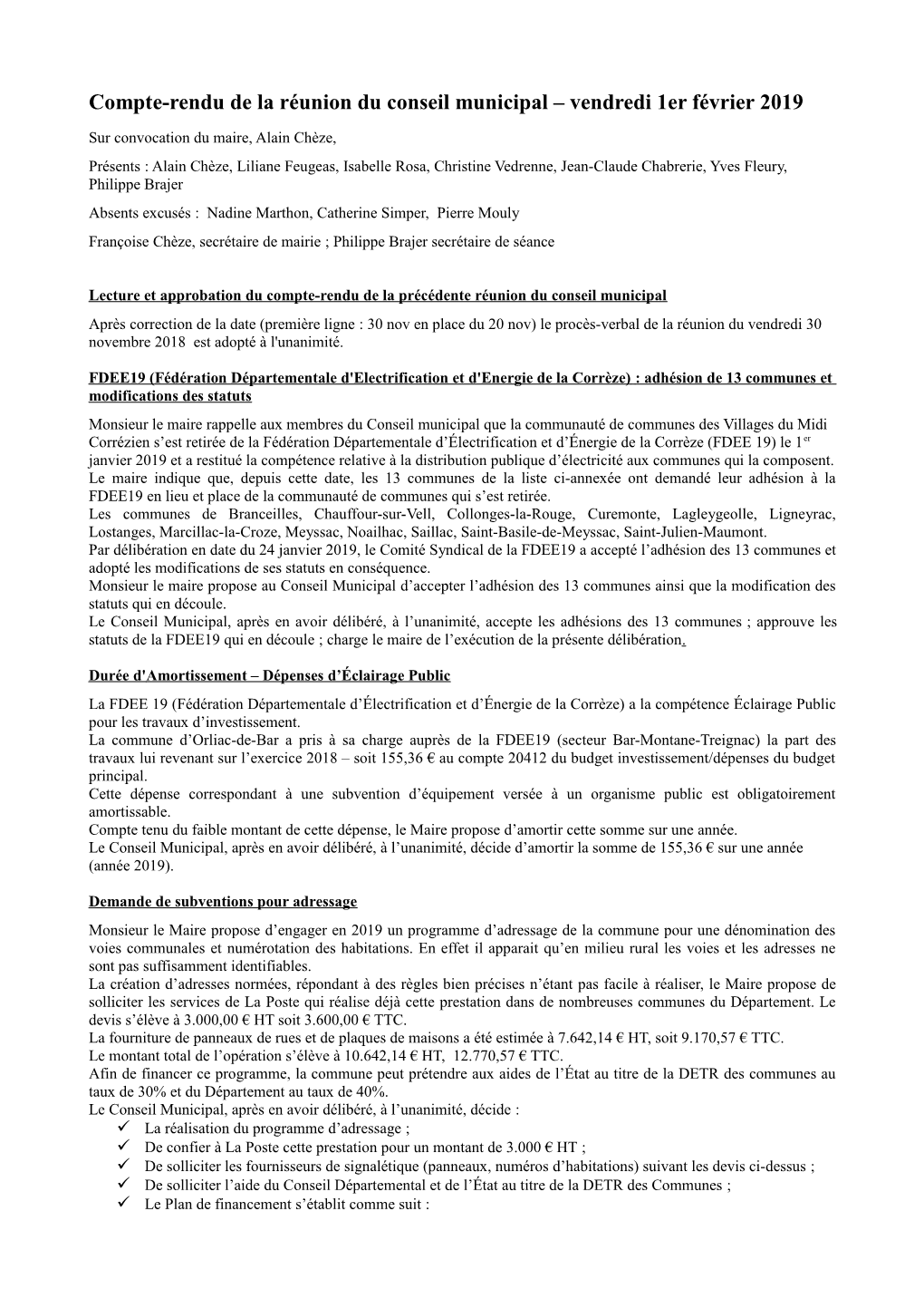Compte-Rendu De La Réunion Du Conseil Municipal – Vendredi 1Er Février 2019