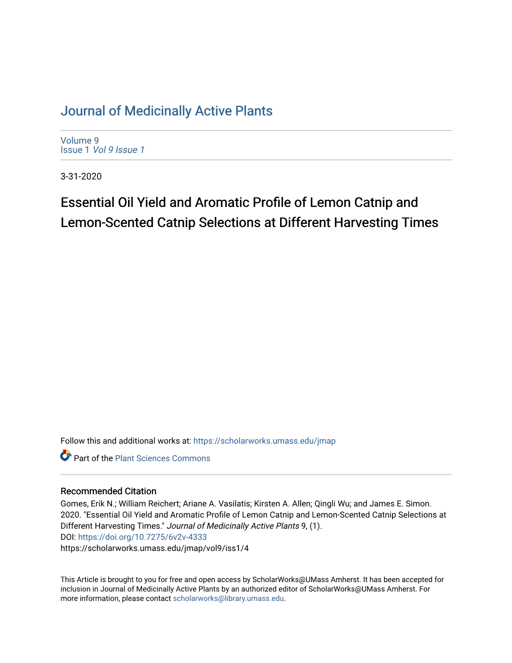 Essential Oil Yield and Aromatic Profile of Lemon Catnip and Lemon-Scented Catnip Selections at Different Harvesting Times
