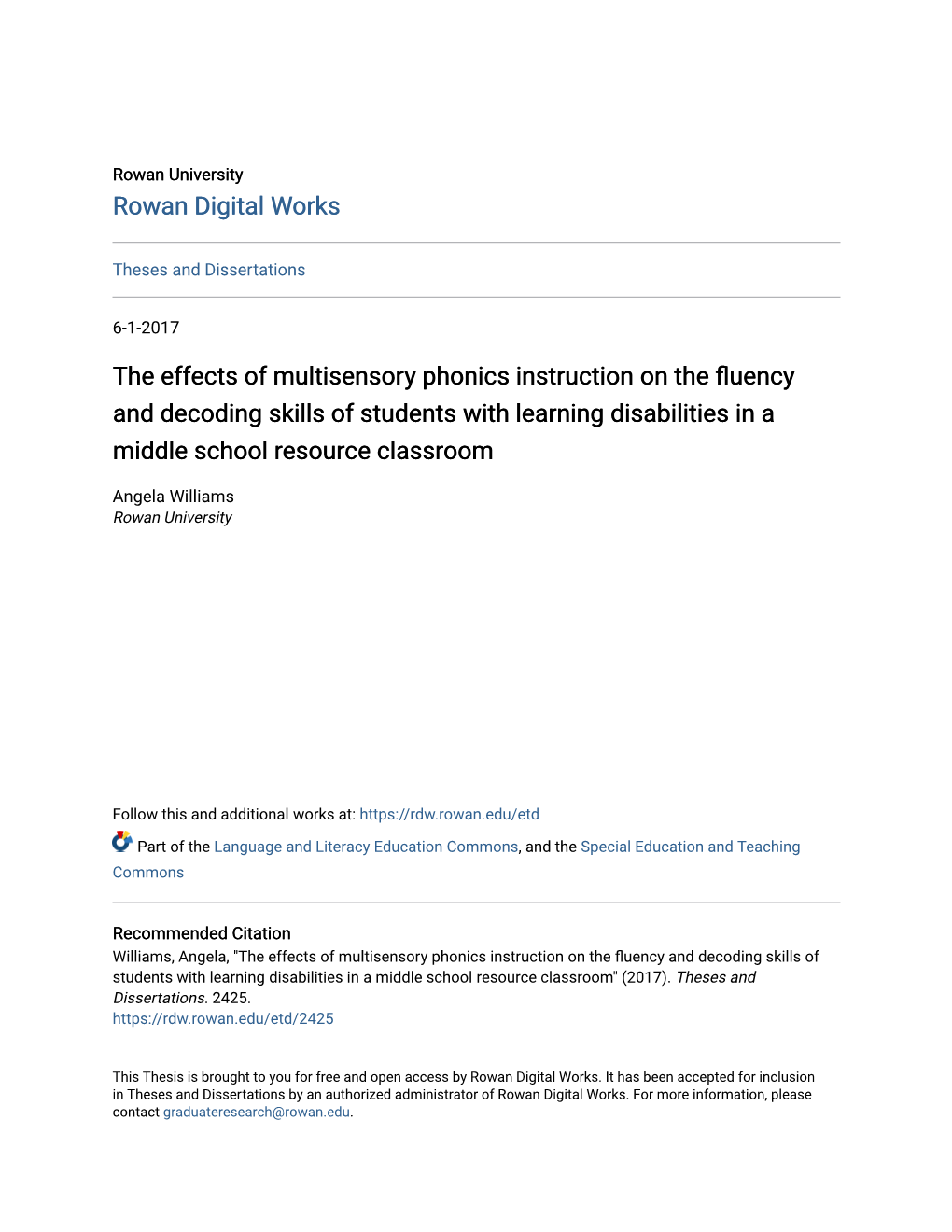 The Effects of Multisensory Phonics Instruction on the Fluency and Decoding Skills of Students with Learning Disabilities in a Middle School Resource Classroom