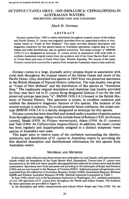 &lt;I&gt;Octopus Cyanea&lt;/I&gt; Gray, 1849 (Mollusca: Cephalopoda) in Australian Waters: Description, Distribution and Taxonom