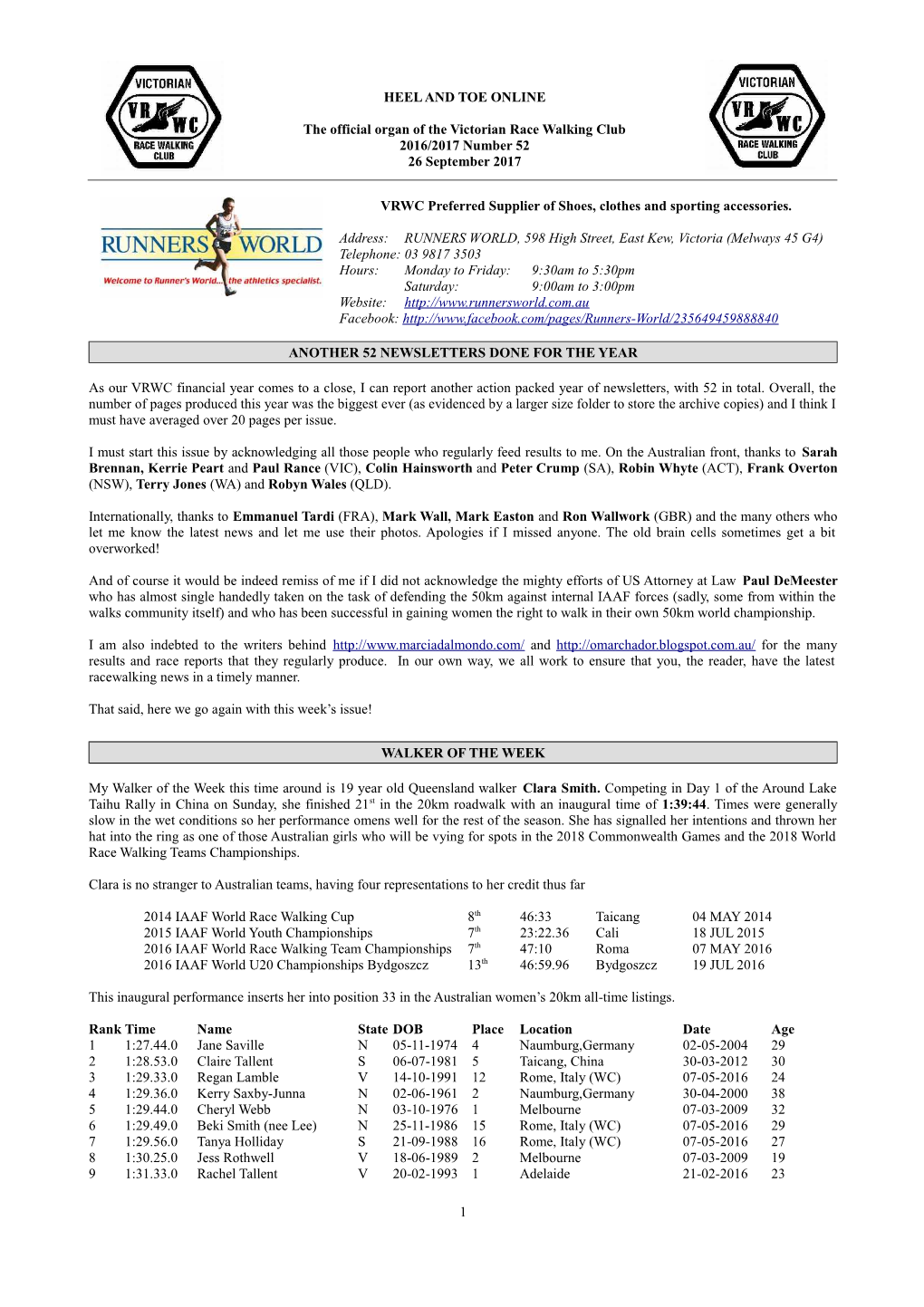 HEEL and TOE ONLINE the Official Organ of the Victorian Race Walking