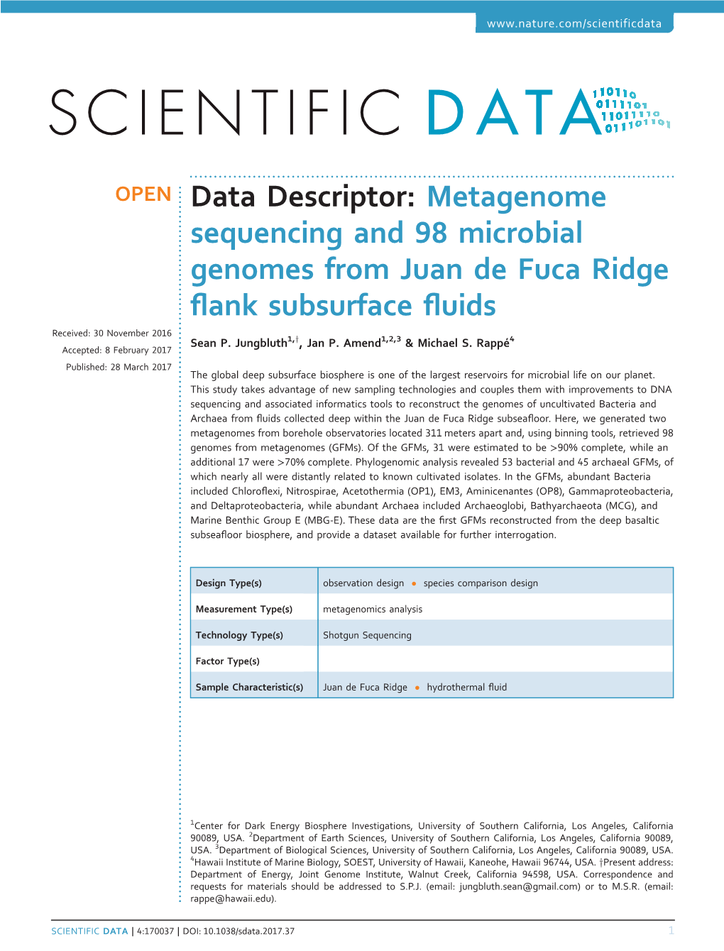 Metagenome Sequencing and 98 Microbial Genomes from Juan De Fuca Ridge ﬂank Subsurface ﬂuids 30 2016 Received: November 1 Y 1 2 3 4 Sean P