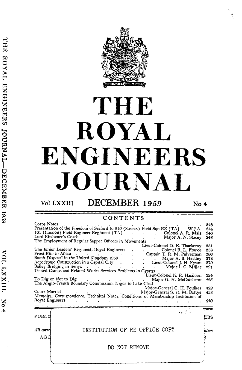 THE ROYAL ENGINEERS JOURNAL Vol LXXIII DECEMBER 1959 No 4