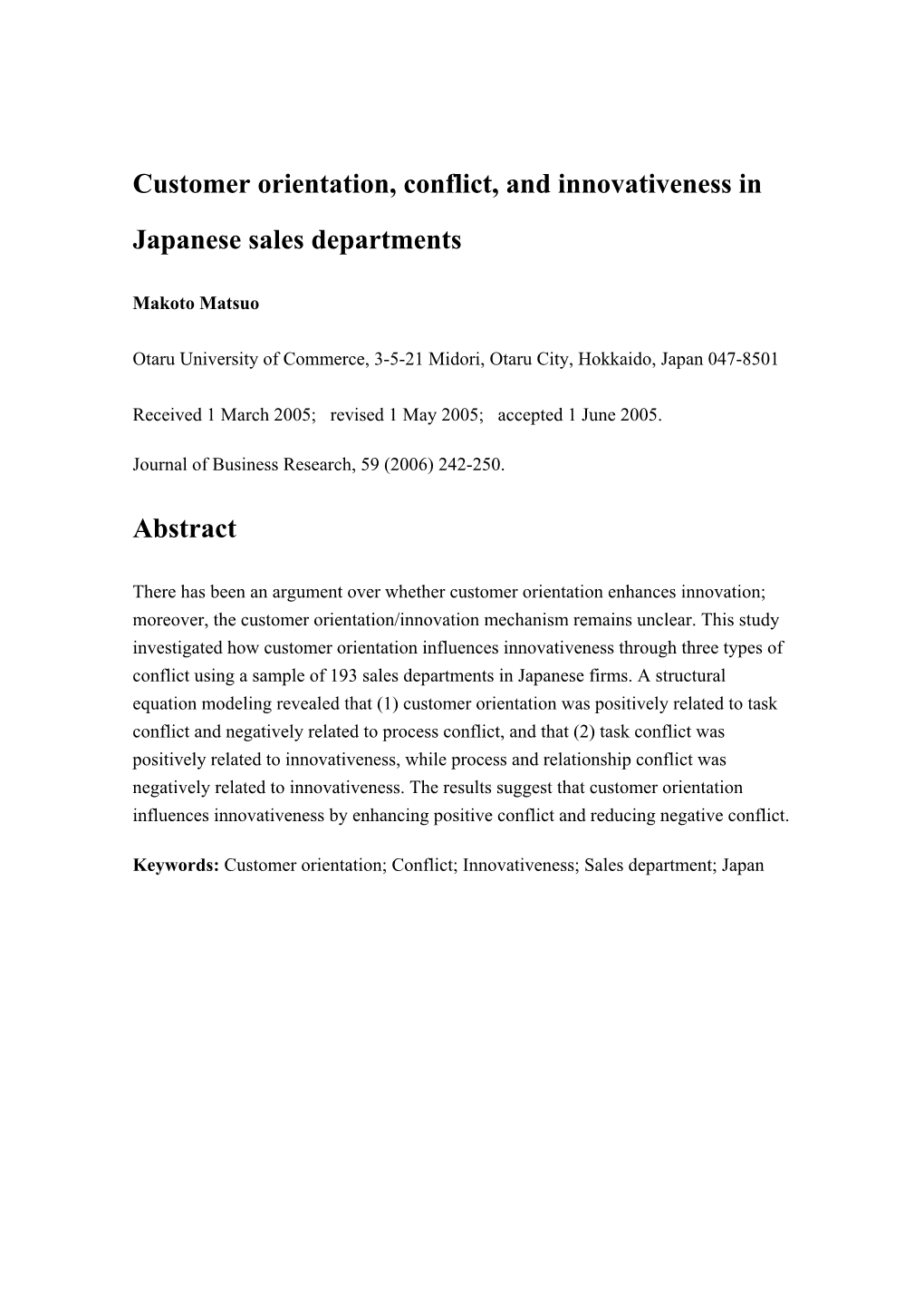 Customer Orientation, Conflict, and Innovativeness in Japanese Sales Departments