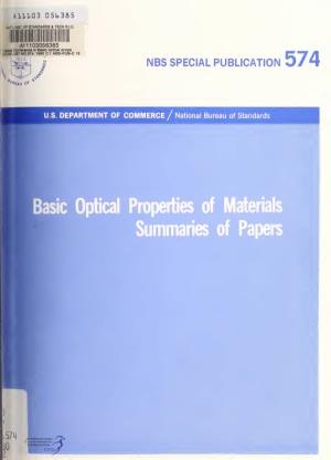 Basic Optical Properties of Materials Summaries of Papers NATIONAL BUREAU of STANDARDS