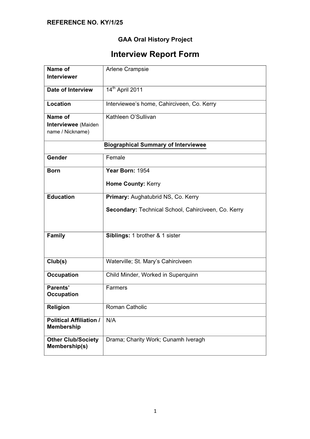 GAA Oral History Project Interview Report Form