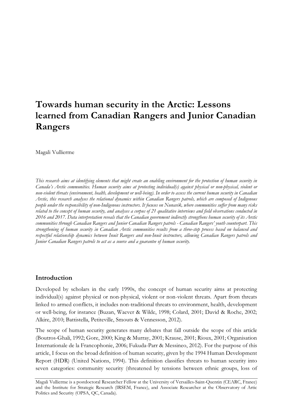 Towards Human Security in the Arctic: Lessons Learned from Canadian Rangers and Junior Canadian Rangers