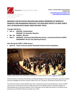Oratorio Society of New York’S 2017-18 Season with Music Director Kent Tritle