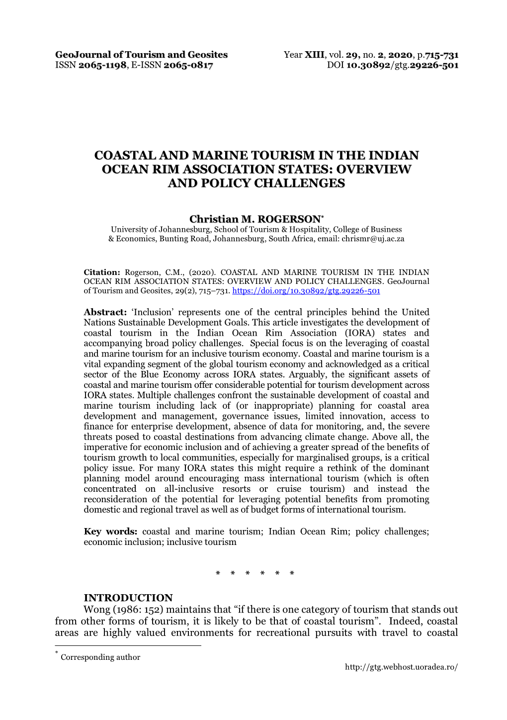 Coastal and Marine Tourism in the Indian Ocean Rim Association States: Overview and Policy Challenges