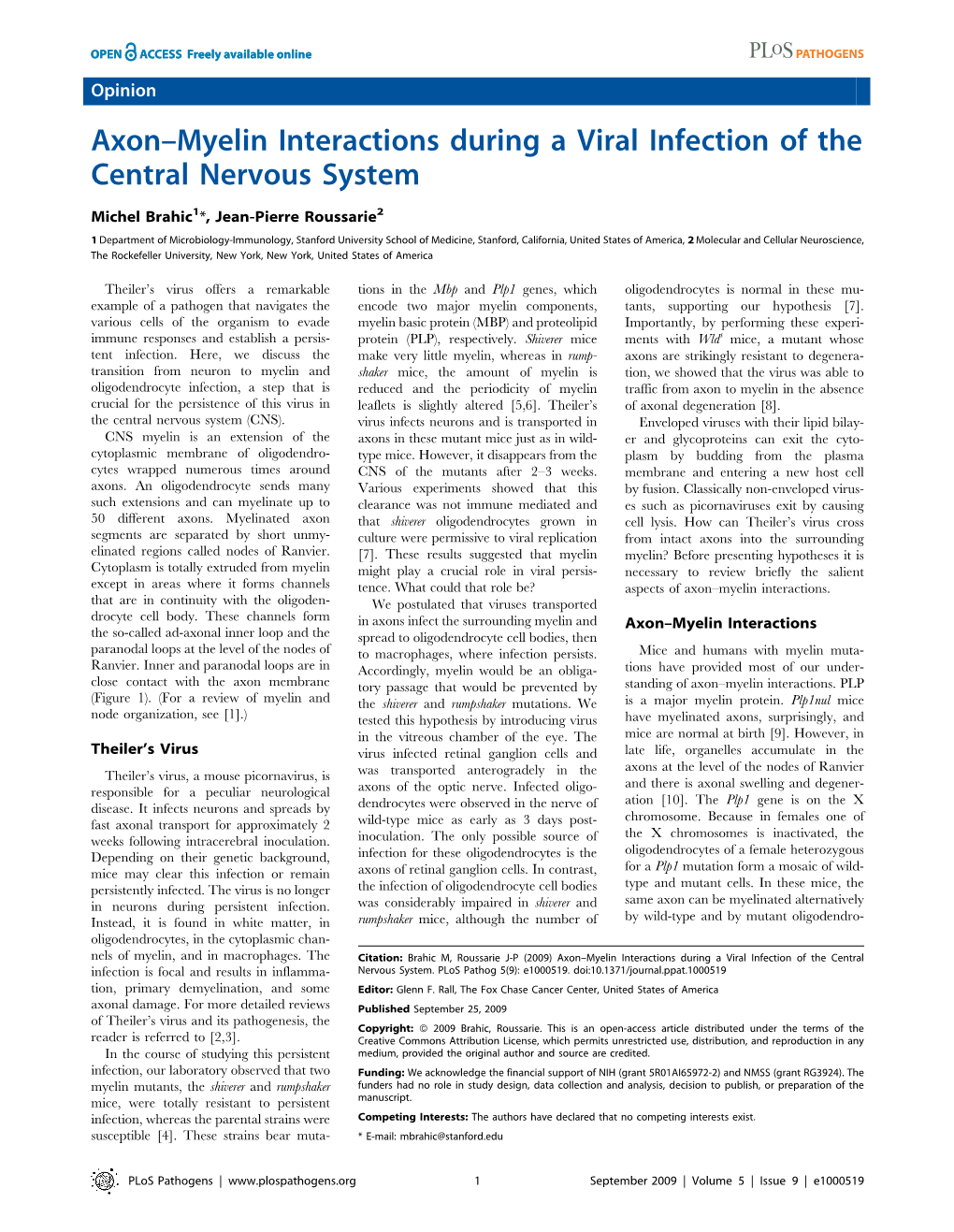 Axon–Myelin Interactions During a Viral Infection of the Central Nervous System