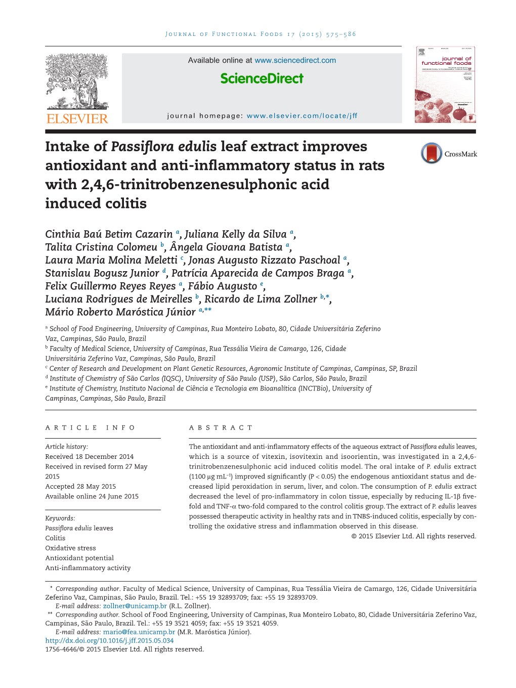 Intake of Passiflora Edulis Leaf Extract Improves Antioxidant and Anti-Inflammatory Status in Rats with 2,4,6-Trinitrobenzenesul