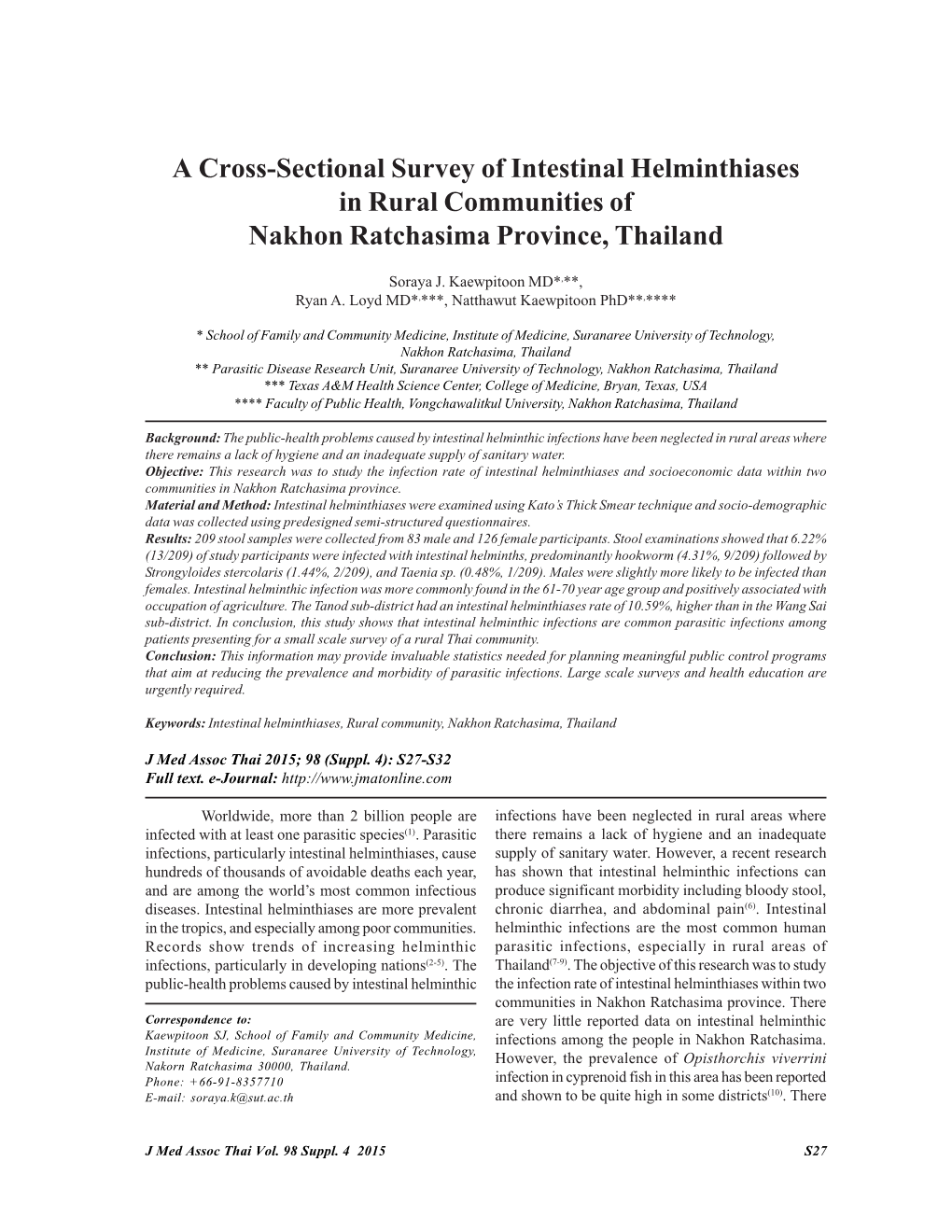 A Cross-Sectional Survey of Intestinal Helminthiases in Rural Communities of Nakhon Ratchasima Province, Thailand