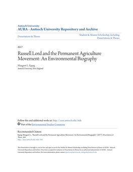 Russell Lord and the Permanent Agriculture Movement: an Environmental Biography Margaret L