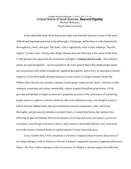 Critical Notice of Scott Soames, Beyond Rigidity Michael Mckinsey Wayne State University