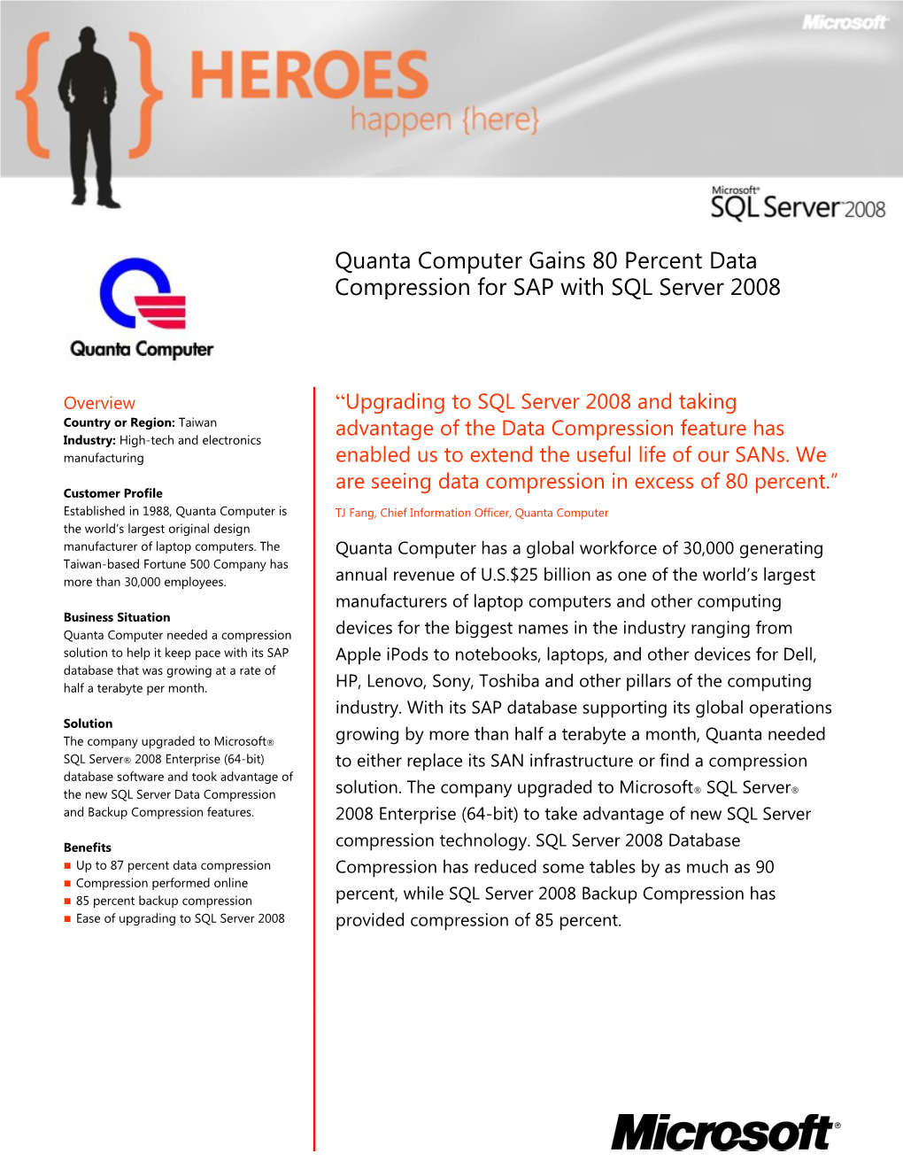 Quanta Computer Gains 80 Percent Data Compression for SAP with SQL Server 2008