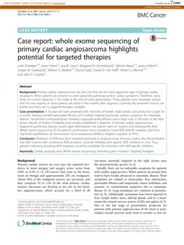Whole Exome Sequencing of Primary Cardiac Angiosarcoma Highlights Potential for Targeted Therapies Leah Zhrebker1,2*, Irene Cherni3, Lara M