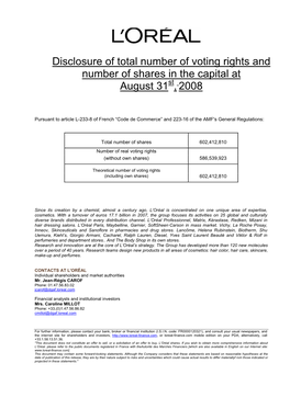 Disclosure of Total Number of Voting Rights and Number of Shares in the Capital at August 31St, 2008