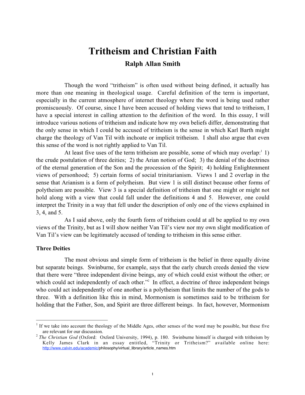 Tritheism and Christian Faith Ralph Allan Smith