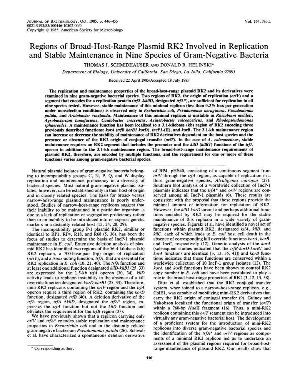 Regions of Broad-Host-Range Plasmid RK2 Involved in Replication and Stable Maintenance in Nine Species of Gram-Negative Bacteria THOMAS J