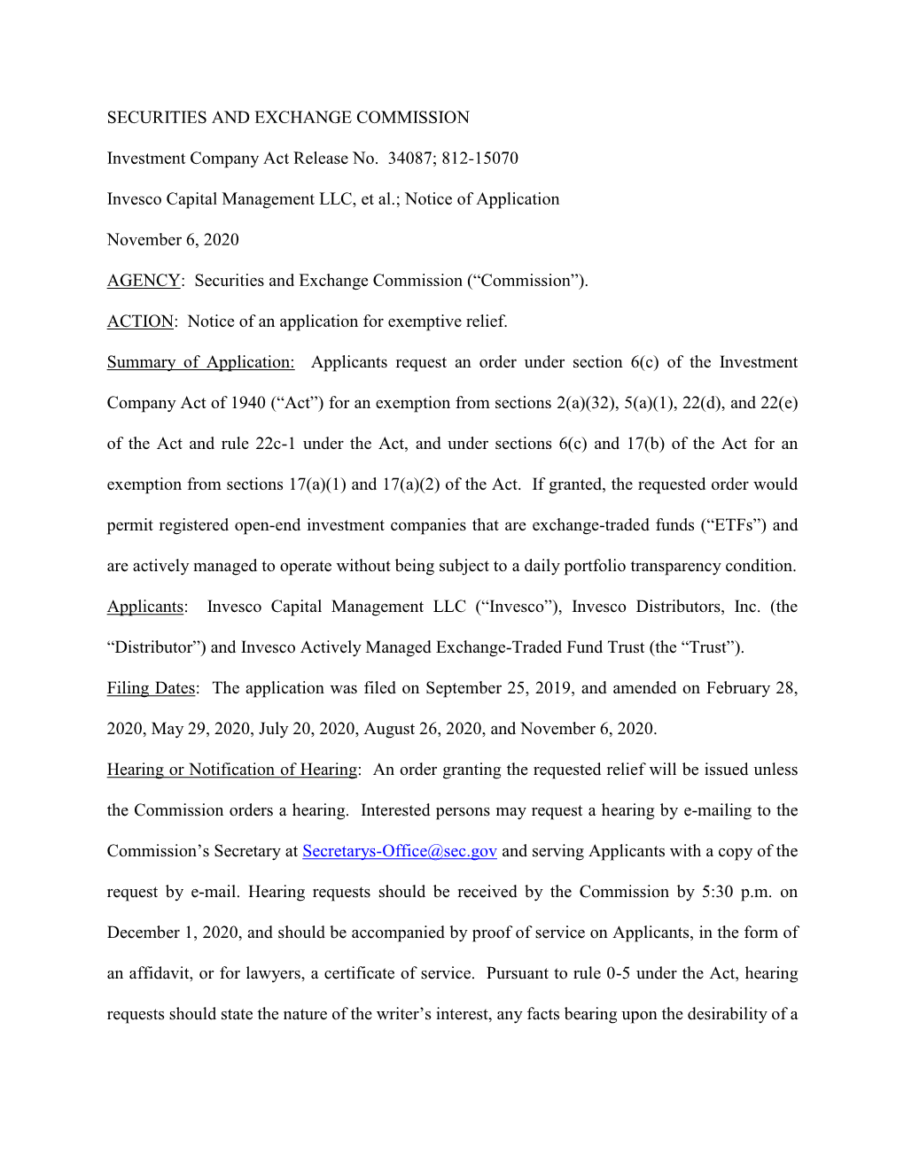 Invesco Capital Management LLC, Et Al.; Notice of Application