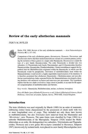 Review of the Early Allotherian Mammals