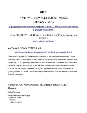 OMNI ANTI-WAR NEWSLETTER #6: MUSIC February 7, 2017