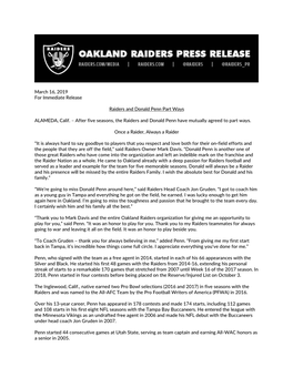 March 16, 2019 for Immediate Release Raiders and Donald Penn