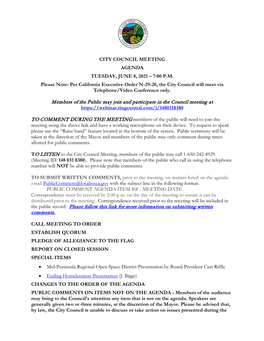 City Council Meeting Agenda Tuesday, June 8, 2021 – 7:00 P.M