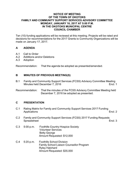 Notice of Meeting of the Town of Okotoks Family and Community Support Services Advisory Committee Monday, January 16, 2017 at 5:00 P.M