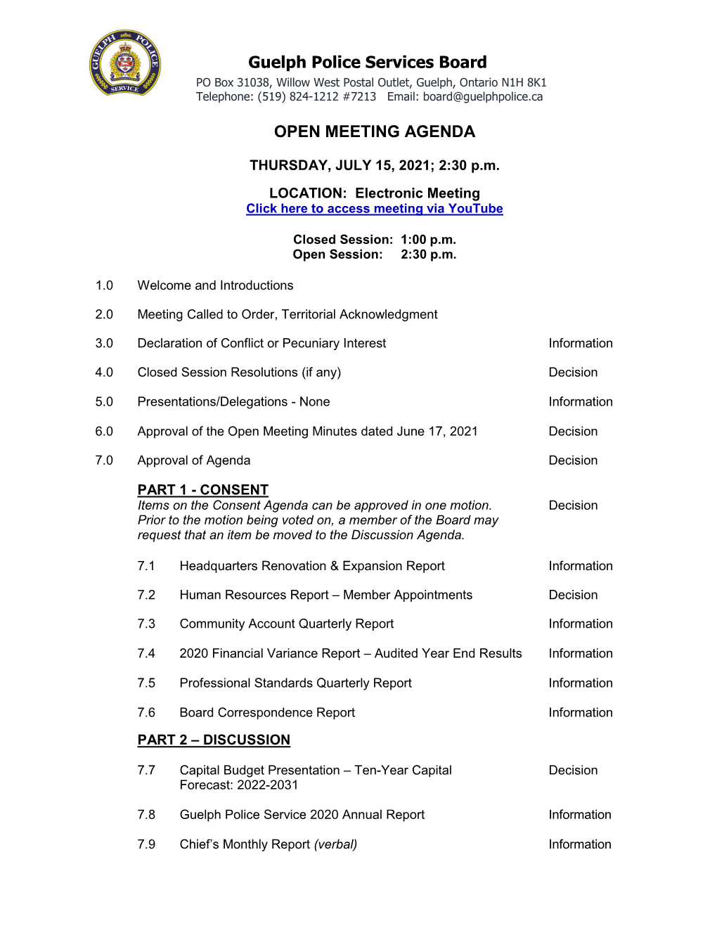 Gpsb Open Meeting Agenda July 15, 2021