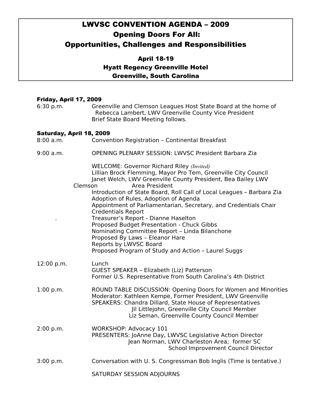 Tentative Lwvsc Convention Agenda - 2005