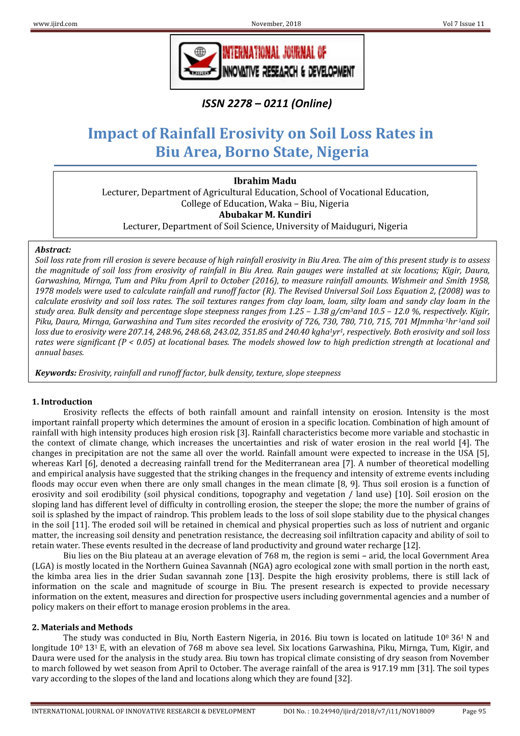 Impact of Rainfall Erosivity on Soil Loss Rates in Biu Area, Borno State, Nigeria