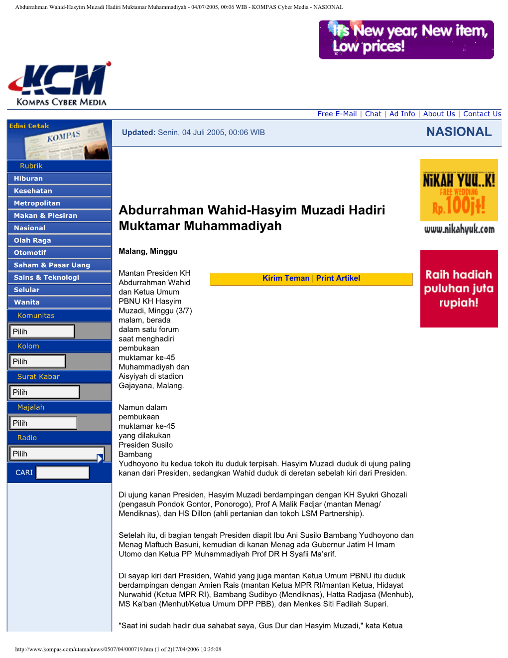 Abdurrahman Wahid-Hasyim Muzadi Hadiri Muktamar Muhammadiyah - 04/07/2005, 00:06 WIB - KOMPAS Cyber Media - NASIONAL