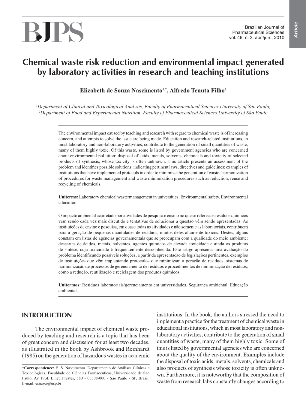 Chemical Waste Risk Reduction and Environmental Impact Generated by Laboratory Activities in Research and Teaching Institutions