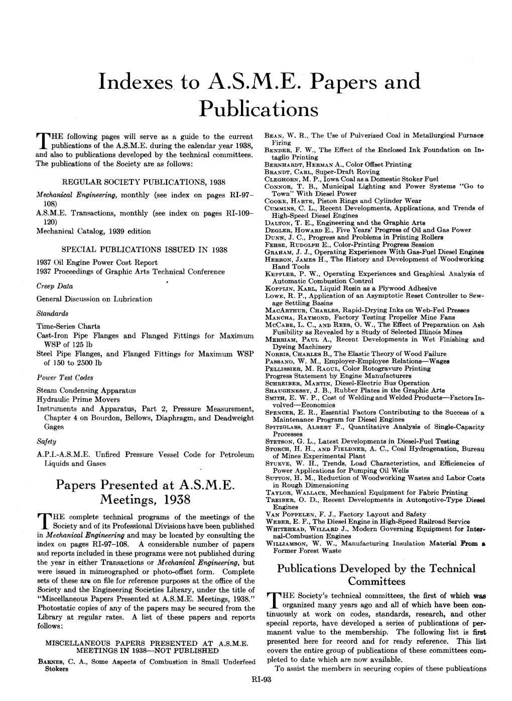 Indexes to A.S.M.E. Papers and Publications