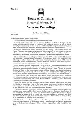 House of Commons Monday 27 February 2017 Votes and Proceedings