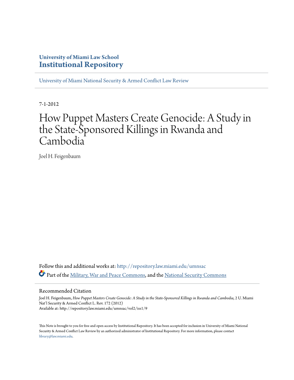 A Study in the State-Sponsored Killings in Rwanda and Cambodia Joel H