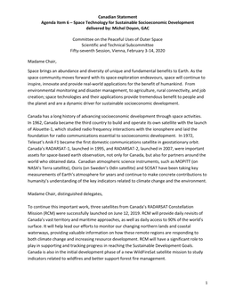 Canadian Statement Agenda Item 6 – Space Technology for Sustainable Socioeconomic Development Delivered By: Michel Doyon, GAC