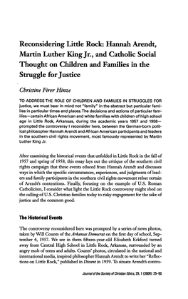 Reconsidering Little Rock: Hannah Arendt, Martin Luther King Jr., and Catholic Social Thought on Children and Families in the Struggle for Justice