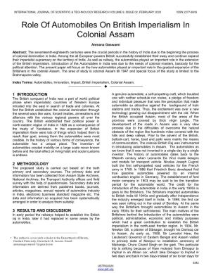 Role of Automobiles on British Imperialism in Colonial Assam