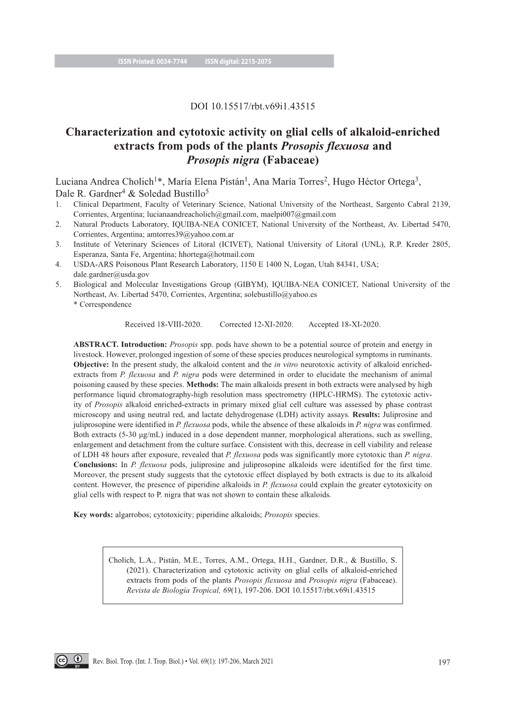 Characterization and Cytotoxic Activity on Glial Cells of Alkaloid-Enriched Extracts from Pods of the Plants Prosopis Flexuosa and Prosopis Nigra (Fabaceae)