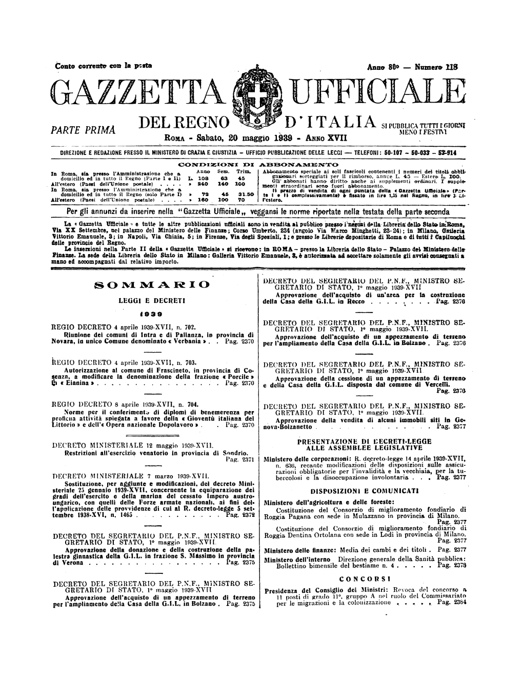 Gazzetta Ufficiale Del Regno D'italia N. 118 Del 20 Maggio 1939 Parte