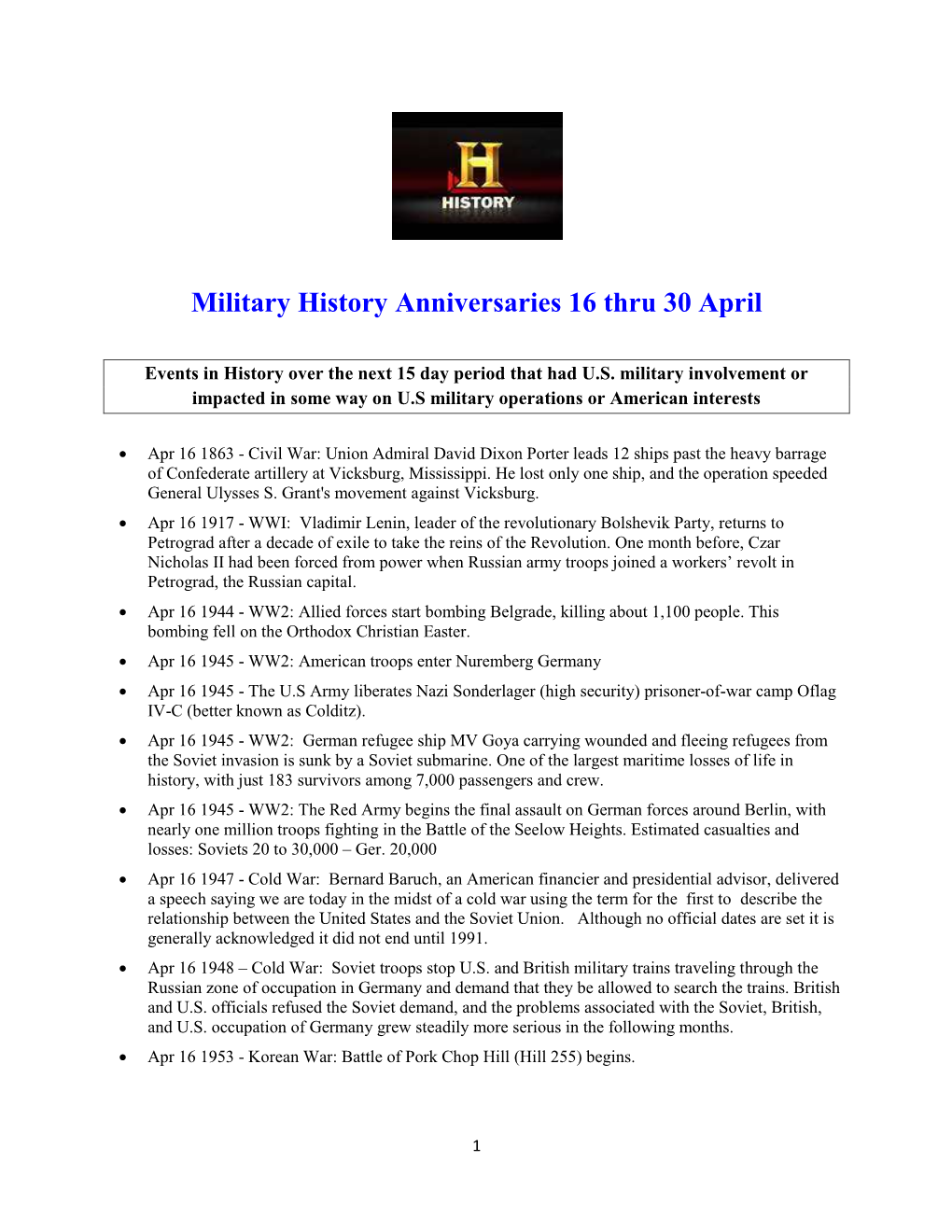 Military History Anniversaries 16 Thru 30 April