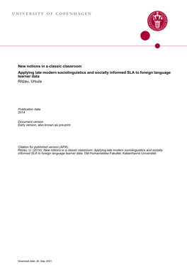 New Notions in a Classic Classroom Applying Late Modern Sociolinguistics and Socially Informed SLA to Foreign Language Learner Data Ritzau, Ursula